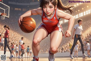 A woman in a basketball uniform holding a basketball on a court.