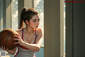 A woman in a basketball uniform holding a basketball.