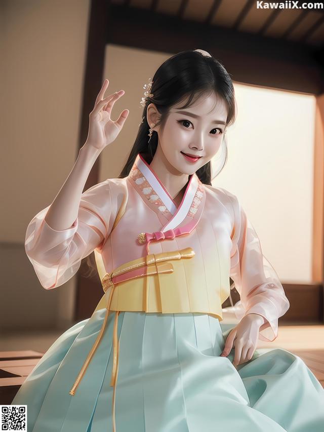 A woman in a blue and pink hanbok is posing for a picture.