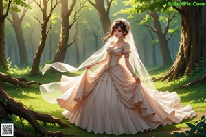 A woman in a wedding dress standing in the woods.