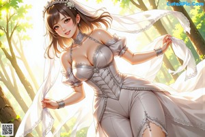 A woman in a wedding dress standing in the woods.