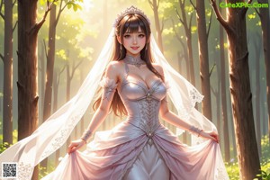 A woman in a wedding dress walking through a forest.