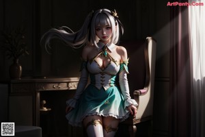 A girl with long white hair wearing a blue dress.