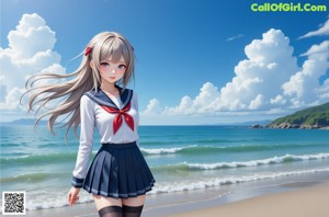 A woman in a white sailor outfit is posing for a picture.