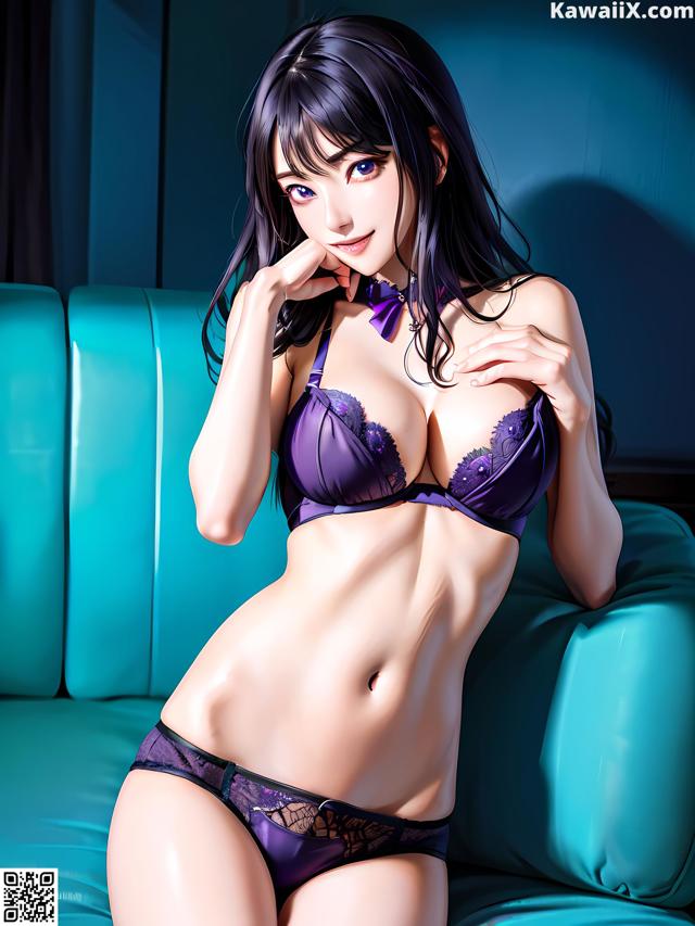 A woman in a purple lingerie sitting on a blue couch.