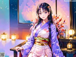 A woman in a kimono sitting at a bar.