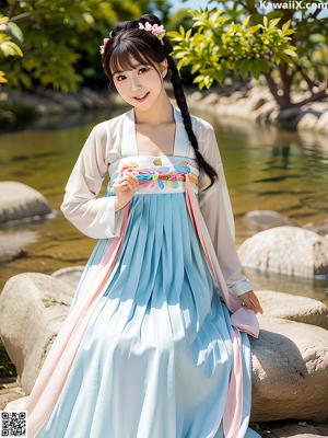 A woman in a colorful dress holding an umbrella.