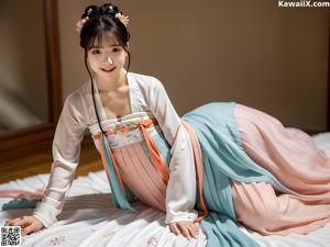 A woman in a pink hanbok standing in a garden.