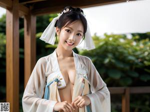 A woman in a white kimono sitting on the floor.
