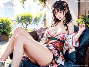 A woman in a kimono sitting on a brown leather chair.