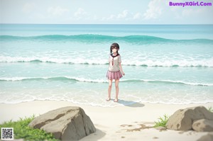 A girl walking on a beach next to the ocean.