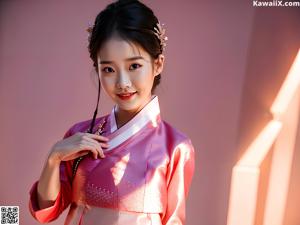 A woman wearing a white and gold hanbok standing in front of a lamp.