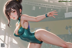 A woman in a bikini dancing on a tennis court.