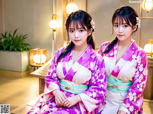 A woman in a purple and white kimono posing for the camera.