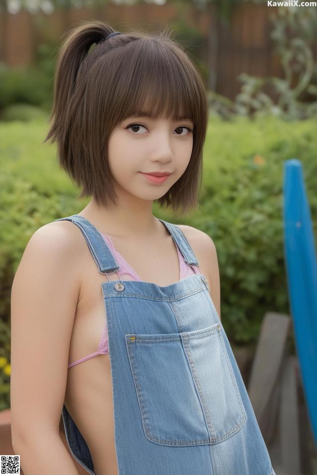 A young woman in a denim dress posing for a picture.