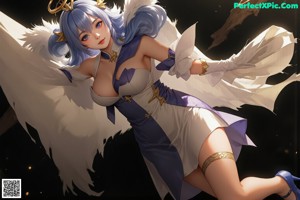 A woman in a white dress with blue hair and wings.