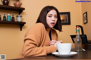 A woman sitting on a bed in a yellow robe.