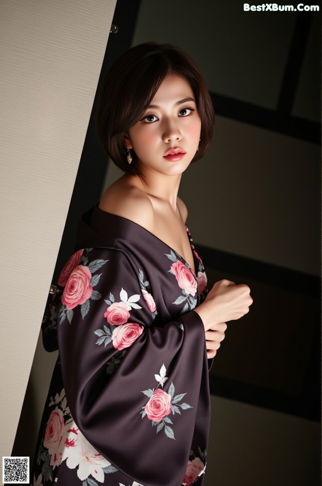 A woman in a black and pink floral kimono leaning against a wall.