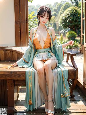 A woman in a blue kimono is posing for a picture.