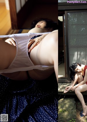 A naked asian woman sitting on a window sill.