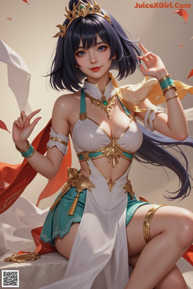 Hentai - Under the Radiance of Celestial Grace Set.2 20250124 Part 6 No.b43068 A woman in a white and green outfit with a crown on her head.