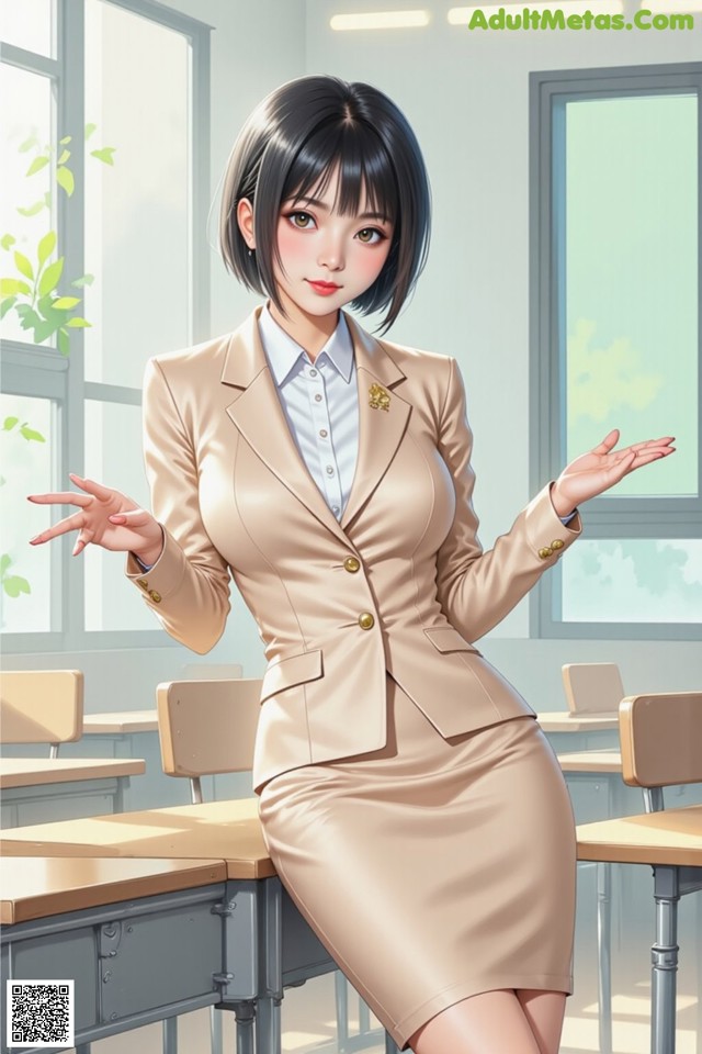 A woman in a beige suit standing in front of a classroom.