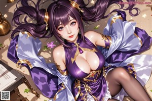 A woman with long purple hair wearing a purple outfit.