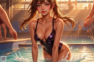 A woman in a black bikini sitting on the edge of a swimming pool.