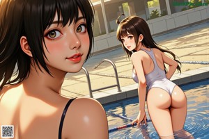 A woman in a white bathing suit sitting in a pool.