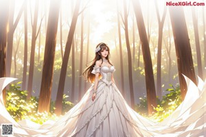 A woman in a white dress standing in a forest.