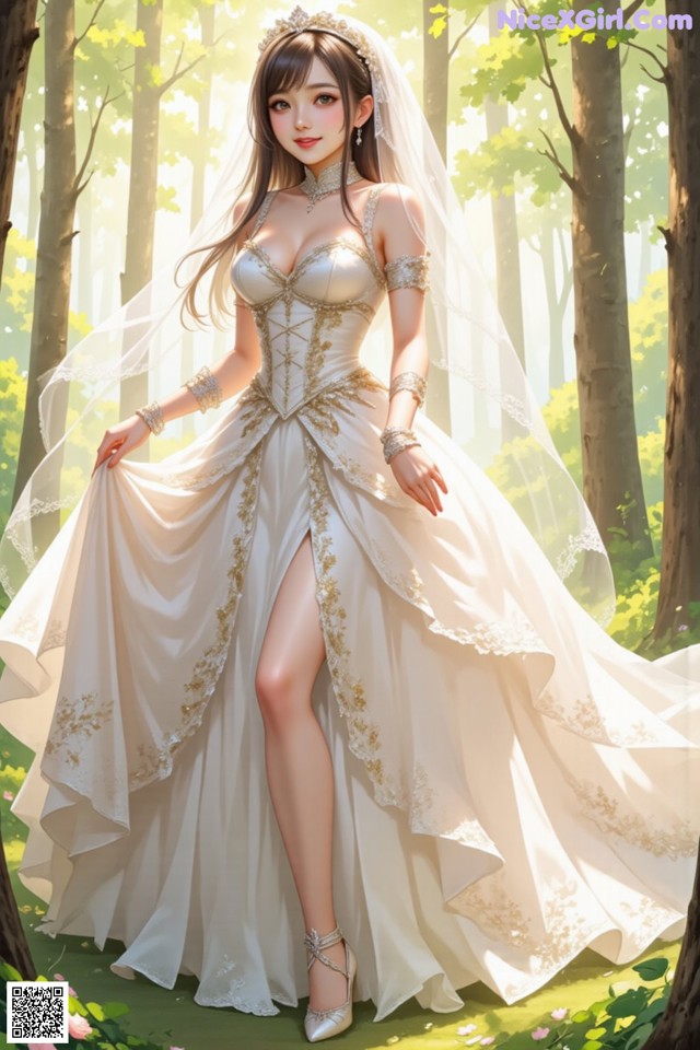 A woman in a wedding dress standing in the woods.