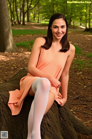 A woman in a white bikini leaning against a tree.