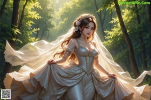 a woman in a wedding dress standing in the woods