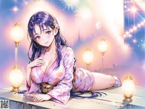 A woman in a kimono sitting on a wooden floor.