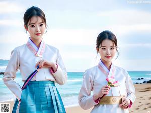 A woman in a white and gold hanbok posing for a picture.